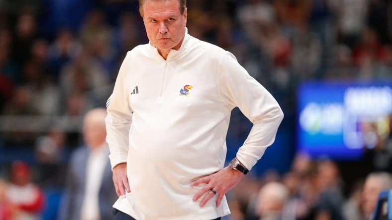 Kansas coach Bill Self looks back at his bench after a play in the second half of Friday's game against Connecticut inside Allen Fieldhouse.