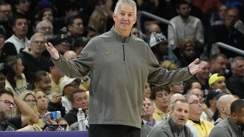 Dec 1, 2023; Evanston, Illinois, USA; Purdue Boilermakers head coach Matt Painter gestures to his team during the second half at Welsh-Ryan Arena. Mandatory Credit: David Banks-USA TODAY Sports