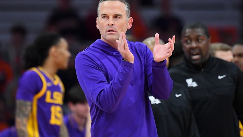 Nov 28, 2023; Syracuse, New York, USA; LSU Tigers head coach Matt McMahon looks on against the Syracuse Orange during the first half at the JMA Wireless Dome. Mandatory Credit: Rich Barnes-USA TODAY Sports