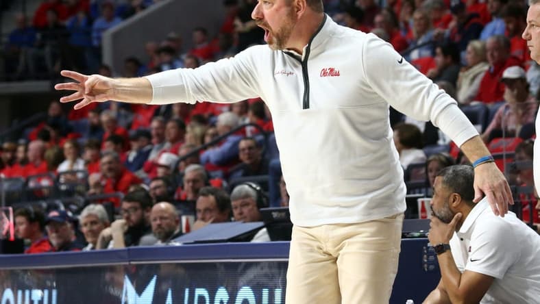 Dec 2, 2023; Oxford, Mississippi, USA; Mississippi Rebels head coach Chris Beard reacts during the first half against the Memphis Tigers at The Sandy and John Black Pavilion at Ole Miss. Mandatory Credit: Petre Thomas-USA TODAY Sports