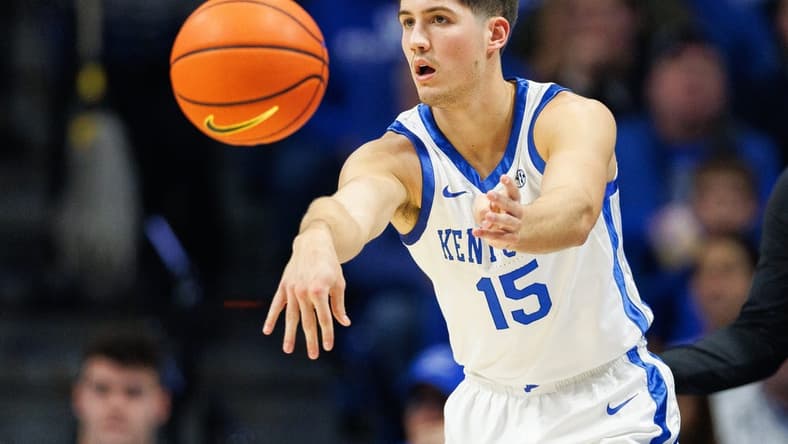 Dec 2, 2023; Lexington, Kentucky, USA; Kentucky Wildcats guard Reed Sheppard (15) passes the ball during the first half against the North Carolina-Wilmington Seahawks at Rupp Arena at Central Bank Center. Mandatory Credit: Jordan Prather-USA TODAY Sports