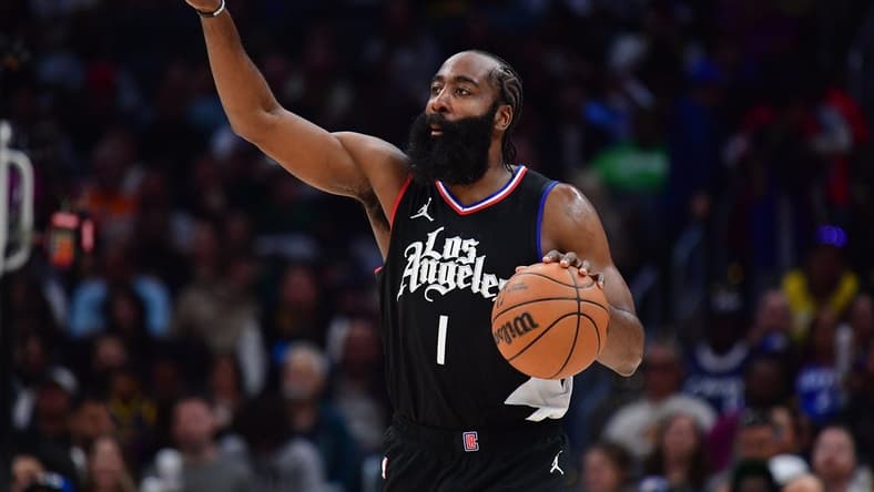 Dec 2, 2023; Los Angeles, California, USA; Los Angeles Clippers guard James Harden (1) moves the ball up court against the Golden State Warriors during the second half at Crypto.com Arena. Mandatory Credit: Gary A. Vasquez-USA TODAY Sports