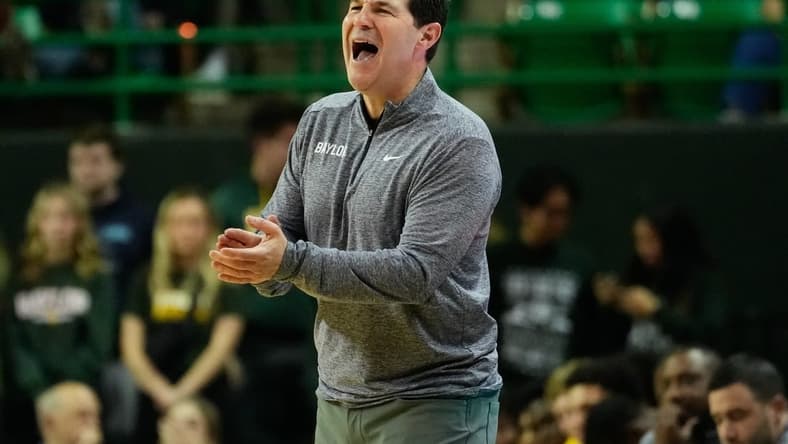 Dec 2, 2023; Waco, Texas, USA; Baylor Bears head coach Scott Drew congratulates his team after a play against the Northwestern State Demons during the first half at Ferrell Center. Mandatory Credit: Chris Jones-USA TODAY Sports