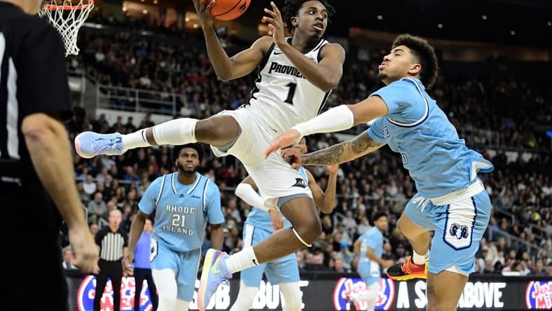Dec 2, 2023; Providence, Rhode Island, USA; Providence Friars guard Jayden Pierre (1) grabs his own rebound during the first half against the Rhode Island Rams at Amica Mutual Pavilion. Mandatory Credit: Eric Canha-USA TODAY Sports