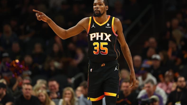 Dec 2, 2023; Phoenix, Arizona, USA; Phoenix Suns forward Kevin Durant (35) against the Memphis Grizzlies in the second half at Footprint Center. Mandatory Credit: Mark J. Rebilas-USA TODAY Sports