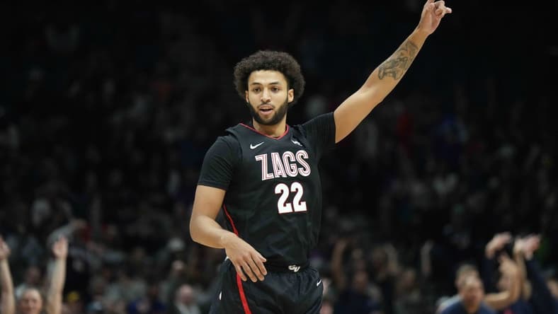 Dec 2, 2023; Las Vegas, Nevada, USA; Gonzaga Bulldogs forward Anton Watson (22) celebrates against the Southern California Trojans in the first half during the Legends of Basketball Las Vegas Invitational at MGM Grand Garden Arena. Mandatory Credit: Kirby Lee-USA TODAY Sports