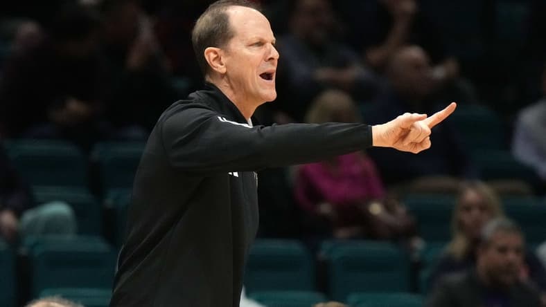 Dec 2, 2023; Las Vegas, Nevada, USA; Washington Huskies coach Mike Hopkins gestures in the second half against the Colorado State Rams during the Legends of Basketball Las Vegas Invitational at MGM Grand Garden Arena. Mandatory Credit: Kirby Lee-USA TODAY Sports