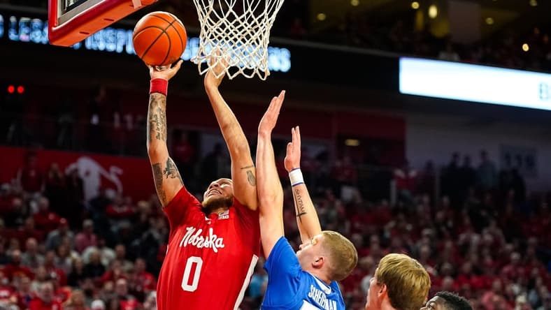 Dec 3, 2023; Lincoln, Nebraska, USA; Nebraska Cornhuskers guard C.J. Wilcher (0) shoots the ball against the Creighton Bluejays during the first half at Pinnacle Bank Arena. Mandatory Credit: Dylan Widger-USA TODAY Sports