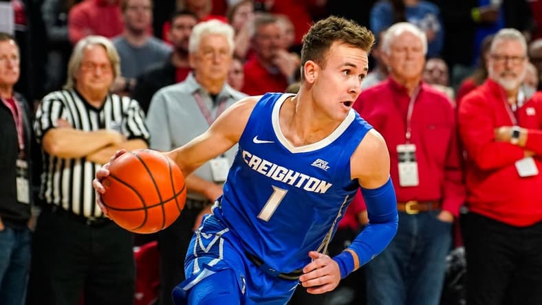 Dec 3, 2023; Lincoln, Nebraska, USA; Creighton Bluejays guard Steven Ashworth (1) turns after getting a rebound against the Nebraska Cornhuskers during the first half at Pinnacle Bank Arena. Mandatory Credit: Dylan Widger-USA TODAY Sports