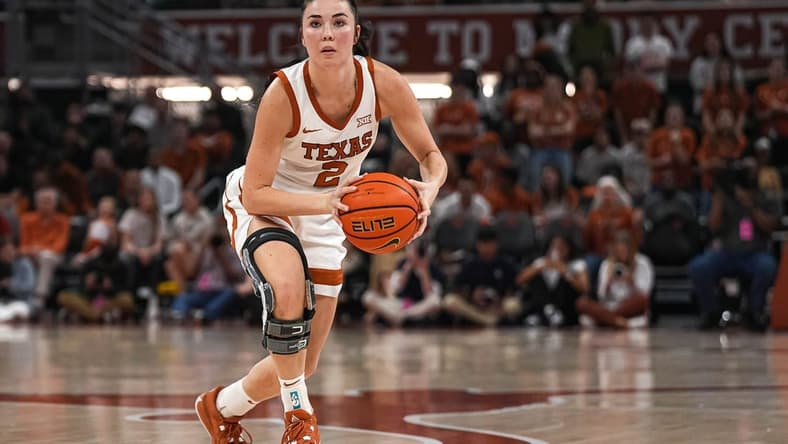 Texas Longhorns guard Shaylee Gonzales (2) looks for an open teammate for a pass during the women's basketball game at the Moody Center on Sunday, Dec. 3, 2023 in Austin.