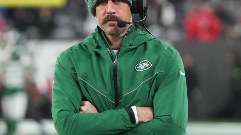 East Rutherford, NJ December 3, 2023 -- Aaron Rodgers of the Jets on the sidelines, late in the second half. The Atlanta Falcons topped the NY Jets 13-8 at MetLife Stadium on December 3, 2023 in East Rutherford, NJ.