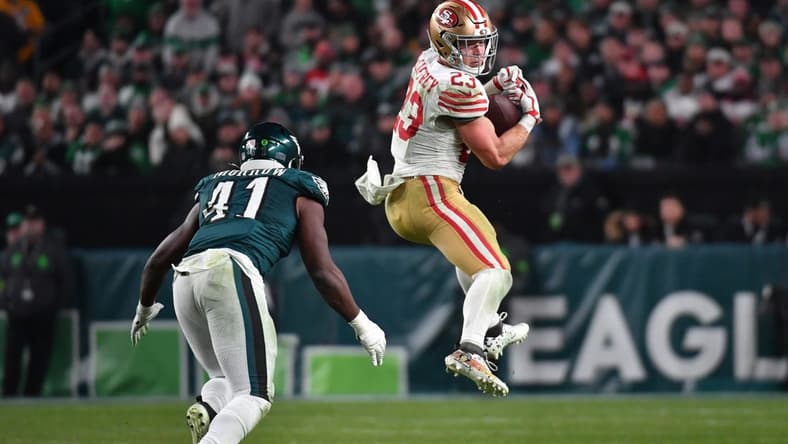 Dec 3, 2023; Philadelphia, Pennsylvania, USA; San Francisco 49ers running back Christian McCaffrey (23) makes a catch against the Philadelphia Eagles during the third quarter at Lincoln Financial Field. Mandatory Credit: Eric Hartline-USA TODAY Sports