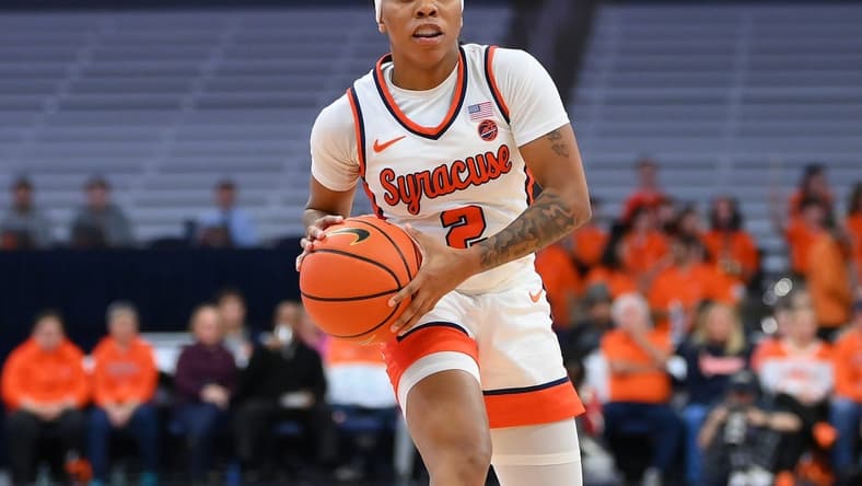 Nov 30, 2023; Syracuse, New York, USA; Syracuse Orange guard Dyaisha Fair (2) looks to pass against the Alabama Crimson Tide during the first half at the JMA Wireless Dome. Mandatory Credit: Rich Barnes-USA TODAY Sports