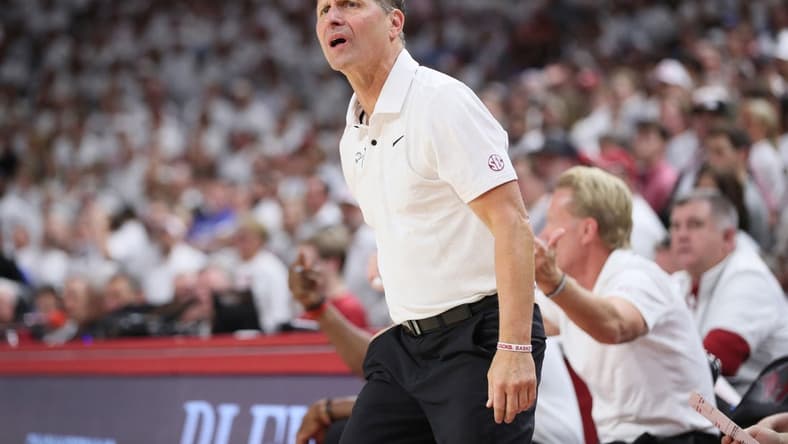 Nov 29, 2023; Fayetteville, Arkansas, USA; Arkansas Razorbacks head coach Eric Musselman during the second half against the Duke Blue Devils at Bud Walton Arena. Arkansas won 80-75. Mandatory Credit: Nelson Chenault-USA TODAY Sports