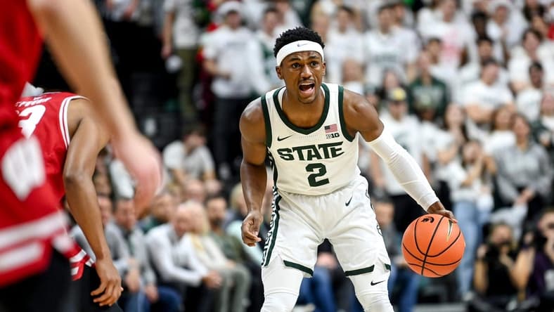 Michigan State's Tyson Walker calls out to teammates during the first half in the game against Wisconsin on Tuesday, Dec. 5, 2023, at the Breslin Center in East Lansing.