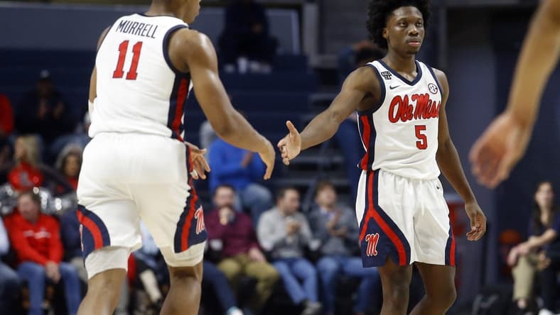 Dec 5, 2023; Oxford, Mississippi, USA; Mississippi Rebels guard Jaylen Murray (5) reacts with guard Matthew Murrell (11) during the second half against the Mount St. Mary's Mountaineers at The Sandy and John Black Pavilion at Ole Miss. Mandatory Credit: Petre Thomas-USA TODAY Sports