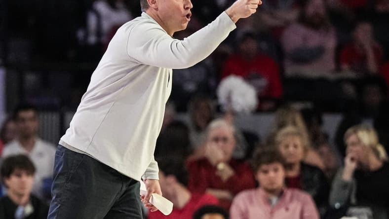 Dec 5, 2023; Athens, Georgia, USA; Georgia Bulldogs head coach Mike White reacts during the game against the Georgia Tech Yellow Jackets at Stegeman Coliseum. Mandatory Credit: Dale Zanine-USA TODAY Sports