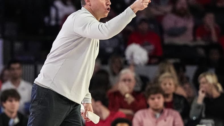 Dec 5, 2023; Athens, Georgia, USA; Georgia Bulldogs head coach Mike White reacts during the game against the Georgia Tech Yellow Jackets at Stegeman Coliseum. Mandatory Credit: Dale Zanine-USA TODAY Sports