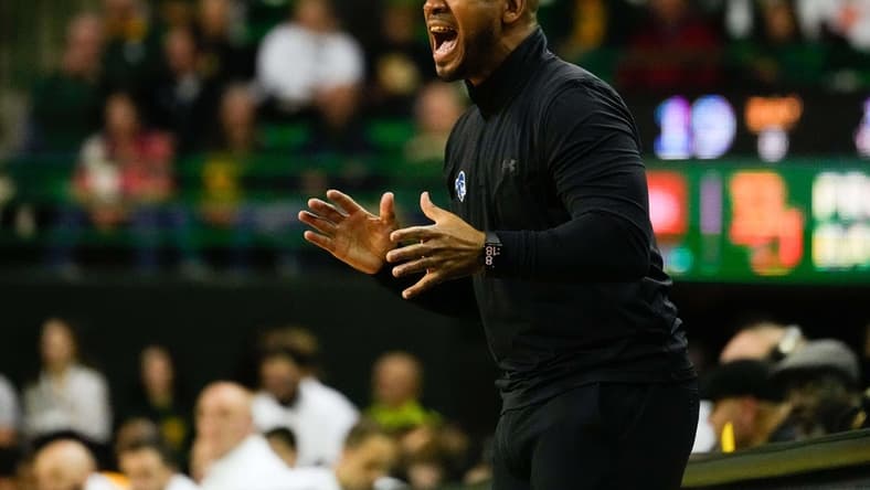 Dec 5, 2023; Waco, Texas, USA; Seton Hall Pirates head coach Shaheen Holloway disputes a call against the Baylor Bears during the first half at Ferrell Center. Mandatory Credit: Chris Jones-USA TODAY Sports