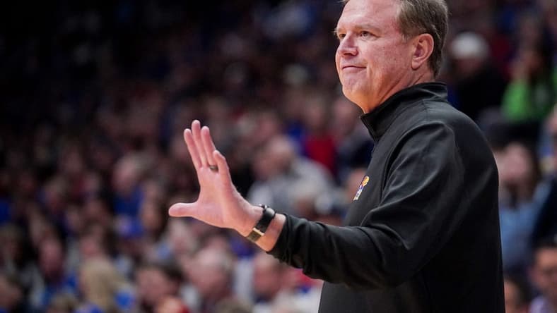 Dec 5, 2023; Lawrence, Kansas, USA; Kansas Jayhawks head coach Bill Self gestures to players against the UMKC Kangaroos during the second half at Allen Fieldhouse. Mandatory Credit: Denny Medley-USA TODAY Sports