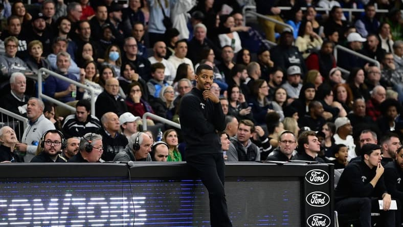 Dec 2, 2023; Providence, Rhode Island, USA; Providence Friars head coach Kim English looks on during the second half against the Rhode Island Rams at Amica Mutual Pavilion. Mandatory Credit: Eric Canha-USA TODAY Sports