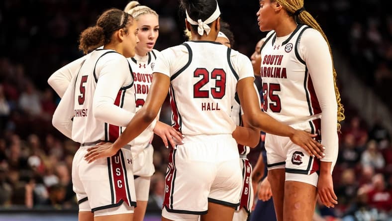 Dec 6, 2023; Columbia, South Carolina, USA; South Carolina Gamecocks players huddle against the Morgan State Lady Bears in the first half at Colonial Life Arena. Mandatory Credit: Jeff Blake-USA TODAY Sports