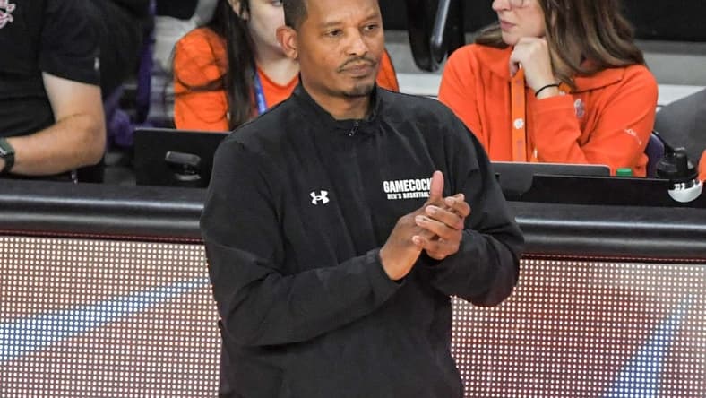 Dec 6, 2023; Clemson, South Carolina, USA; University of South Carolina Head Coach Lamont Paris during the first half at Littlejohn Coliseum. Mandatory Credit: Ken Ruinard-USA TODAY Sports