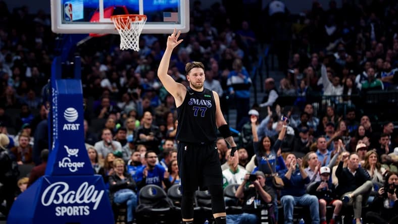 Dec 6, 2023; Dallas, Texas, USA;  Dallas Mavericks guard Luka Doncic (77) reacts during the second quarter against the Utah Jazz at American Airlines Center. Mandatory Credit: Kevin Jairaj-USA TODAY Sports