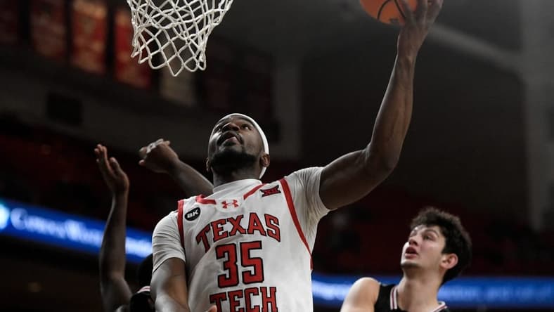 Texas Tech's forward Devan Cambridge (35) goes for a layup against Omaha in a non-conference basketball game, Wednesday, Dec. 6, 2023, at United Supermarkets Arena.