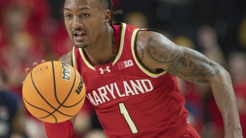 Dec 6, 2023; College Park, Maryland, USA; Maryland Terrapins guard Jahmir Young (1) dribble sup the court during the second half against the Penn State Nittany Lions at Xfinity Center. Mandatory Credit: Tommy Gilligan-USA TODAY Sports