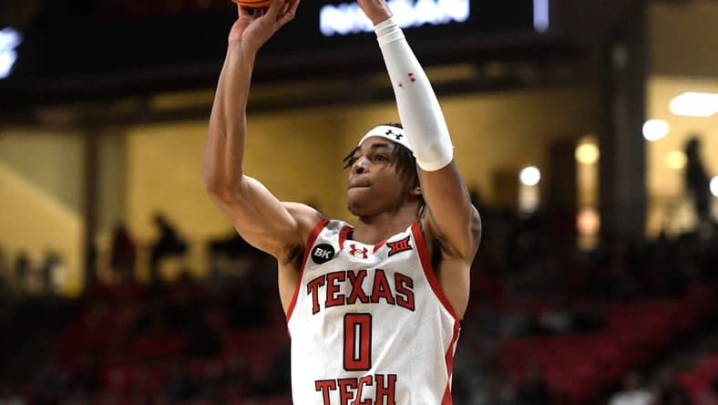 Texas Tech's guard Chance McMillian (0) shoots the ball against Omaha in a non-conference basketball game, Wednesday, Dec. 6, 2023, at United Supermarkets Arena.