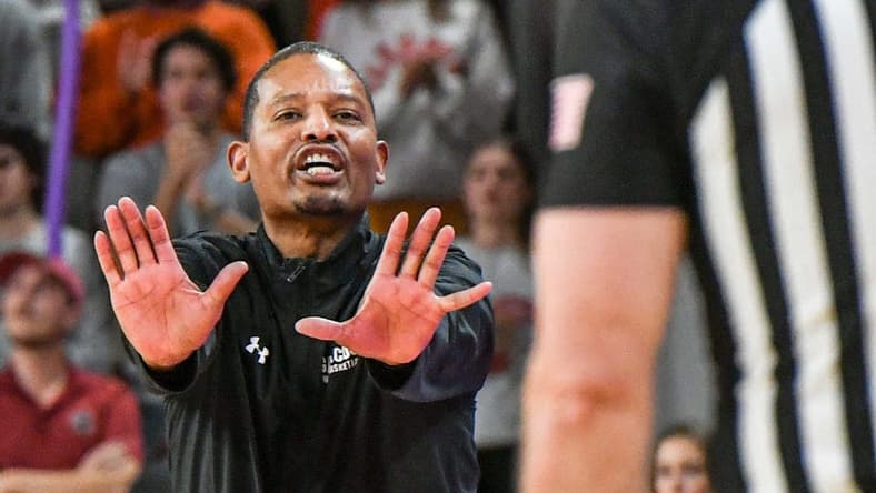 Dec 6, 2023; Clemson, South Carolina, USA; University of South Carolina Head Coach Lamont Paris talks to a referee in the game with Clemson during the second half at Littlejohn Coliseum. Mandatory Credit: Ken Ruinard-USA TODAY Sports