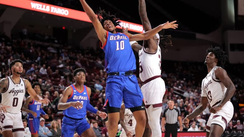 Dec 6, 2023; College Station, Texas, USA; DePaul Blue Demons guard Jaden Henley (10) attempts a layup against the Texas A&M Aggies during the second half at Reed Arena. Mandatory Credit: Erik Williams-USA TODAY Sports