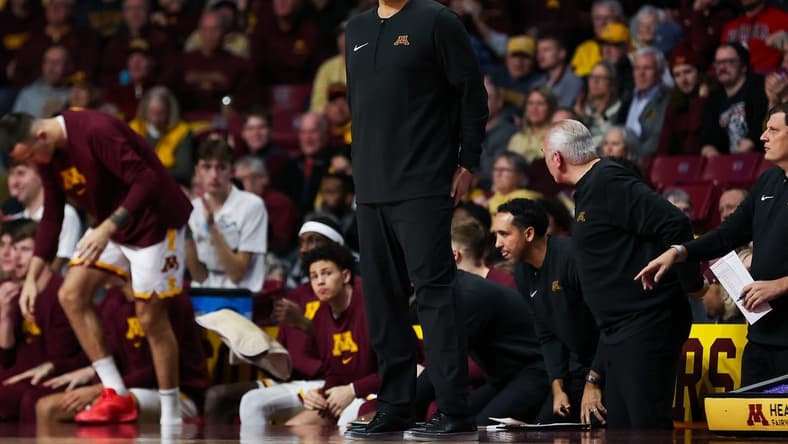Dec 6, 2023; Minneapolis, Minnesota, USA; Minnesota Golden Gophers head coach Ben Johnson looks on during the first half against the Nebraska Cornhuskers at Williams Arena. Mandatory Credit: Matt Krohn-USA TODAY Sports