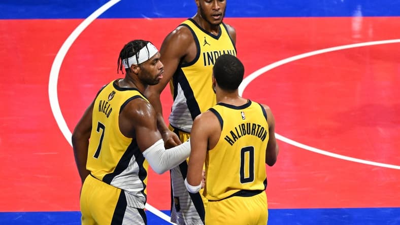 Dec 7, 2023; Las Vegas, Nevada, USA; Indiana Pacers guard Buddy Hield (7), center Myles Turner (33) and guard Tyrese Haliburton (0) celebrate after a victory against the Milwaukee Bucks at T-Mobile Arena. Mandatory Credit: Candice Ward-USA TODAY Sports