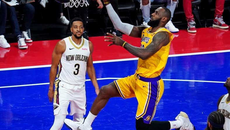 Dec 7, 2023; Las Vegas, Nevada, USA; Los Angeles Lakers forward LeBron James (23) shoots the ball against Los Angeles Lakers forward Anthony Davis (3) in the NBA In Season Tournament Semifinal at T-Mobile Arena. Mandatory Credit: Kyle Terada-USA TODAY Sports