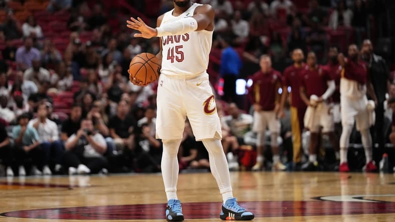 Dec 8, 2023; Miami, Florida, USA; Cleveland Cavaliers guard Donovan Mitchell (45) stands with the ball on the court during the second half against the Miami Heat at Kaseya Center. Mandatory Credit: Jasen Vinlove-USA TODAY Sports