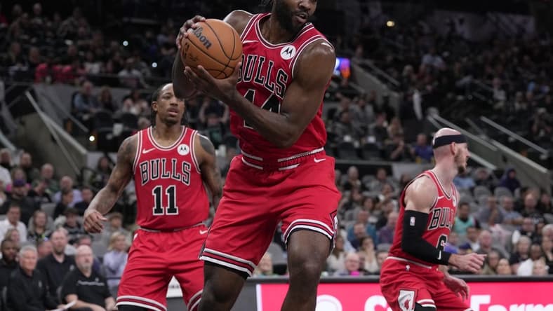 Dec 8, 2023; San Antonio, Texas, USA;  Chicago Bulls forward Patrick Williams (44) rebound in the second half against the San Antonio Spurs at the Frost Bank Center. Mandatory Credit: Daniel Dunn-USA TODAY Sports