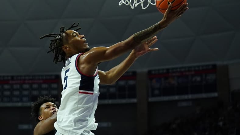Dec 9, 2023; Storrs, Connecticut, USA; UConn Huskies guard Stephon Castle (5) drives to the basket against the Arkansas-Pine Bluff Golden Lions in the first half at Harry A. Gampel Pavilion. Mandatory Credit: David Butler II-USA TODAY Sports