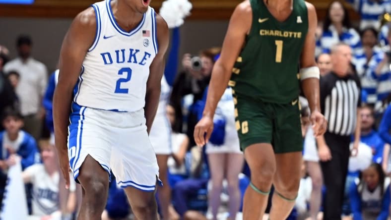Dec 9, 2023; Durham, North Carolina, USA; Duke Blue Devils guard Jaylen Blakes (2) reacts after hitting a three-point shot during the first half against the Charlotte 49ers at Cameron Indoor Stadium. Mandatory Credit: Rob Kinnan-USA TODAY Sports
