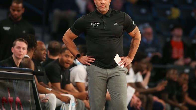 Dec 9, 2023; Atlanta, Georgia, USA; Georgia Tech Yellow Jackets head coach Damon Stoudamire on the sideline against the Alabama A&M Bulldogs in the first half at McCamish Pavilion. Mandatory Credit: Brett Davis-USA TODAY Sports
