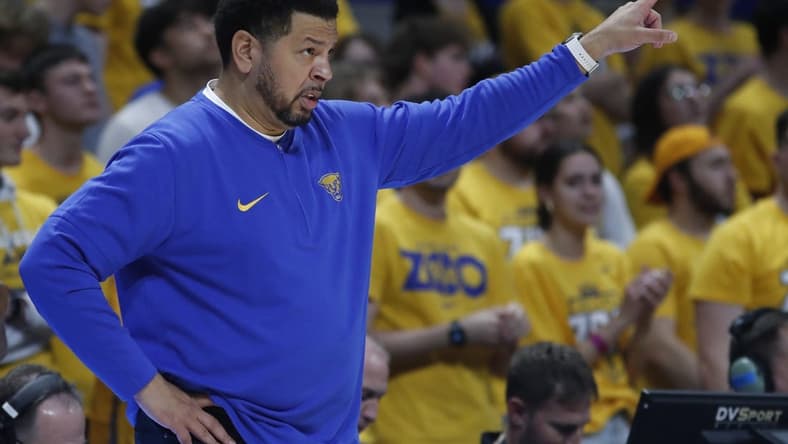 Dec 9, 2023; Pittsburgh, Pennsylvania, USA; Pittsburgh Panthers head coach Jeff Capel gestures on the sidelines against the Canisius Golden Griffins during the first half at the Petersen Events Center. Mandatory Credit: Charles LeClaire-USA TODAY Sports