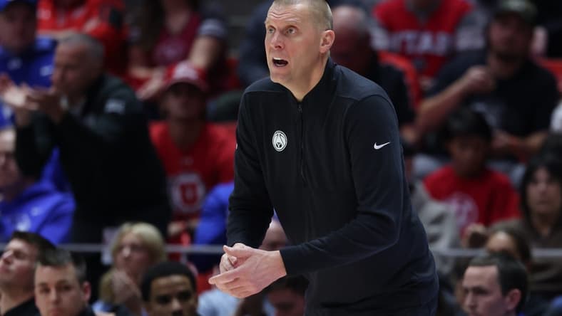Dec 9, 2023; Salt Lake City, Utah, USA; Brigham Young Cougars head coach Mark Pope looks on in the game against the Utah Utes during the first half at Jon M. Huntsman Center. Mandatory Credit: Rob Gray-USA TODAY Sports