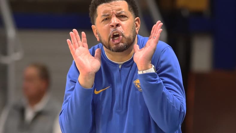 Dec 9, 2023; Pittsburgh, Pennsylvania, USA; Pittsburgh Panthers head coach Jeff Capel reacts on the sidelines against the Canisius Golden Griffins during the second half at the Petersen Events Center. Pittsburgh won 82-71. Mandatory Credit: Charles LeClaire-USA TODAY Sports