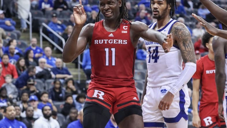 Dec 9, 2023; Newark, New Jersey, USA; Rutgers Scarlet Knights center Clifford Omoruyi (11) reacts after blocking shot in the second half against the Seton Hall Pirates at Prudential Center. Mandatory Credit: Wendell Cruz-USA TODAY Sports