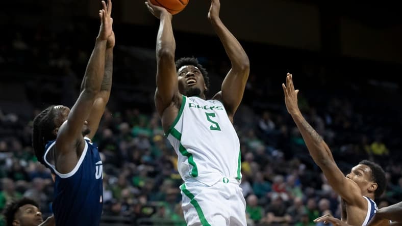 Oregon guard Jermaine Couisnard goes up for a shot as the Oregon Ducks host UTEP Saturday, Dec. 9, 2023, at Matthew Knight Arena in Eugene, Ore.