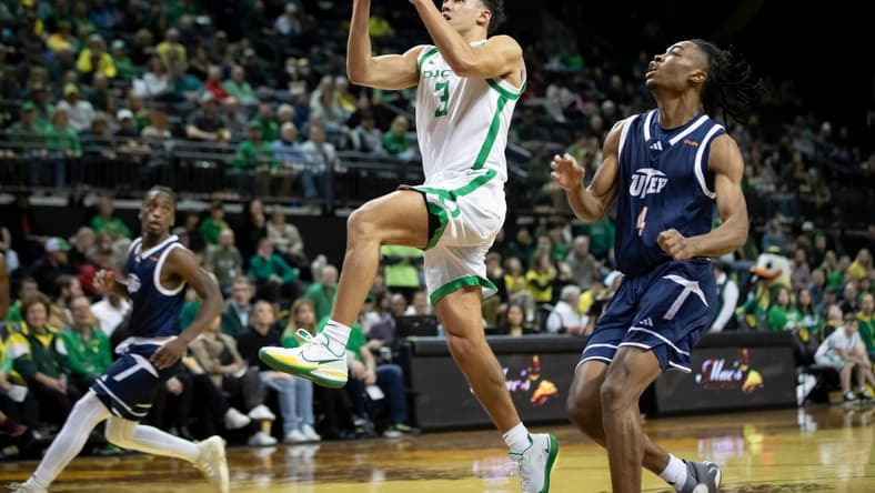 Oregon guard Jackson Shelstad goes up for a layup as the Oregon Ducks host UTEP Saturday, Dec. 9, 2023, at Matthew Knight Arena in Eugene, Ore.