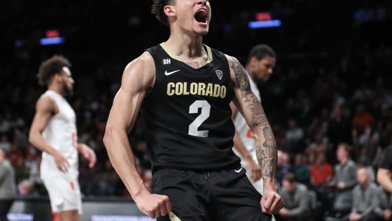 Dec 10, 2023; Brooklyn, New York, USA; Colorado Buffaloes guard KJ Simpson (2) celebrates after scoring in the second half against the Miami (Fl) Hurricanes at Barclays Center. Mandatory Credit: Wendell Cruz-USA TODAY Sports