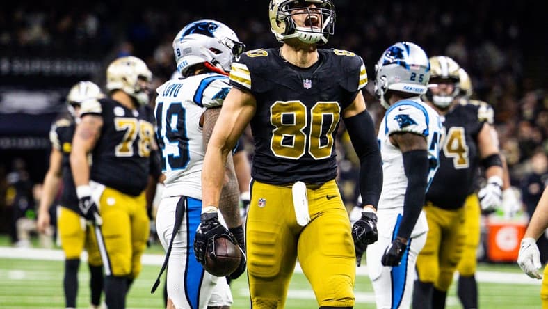 Dec 10, 2023; New Orleans, Louisiana, USA; New Orleans Saints tight end Jimmy Graham (80) yells after catching a pass against the Carolina Panthers during the second half at the Caesars Superdome. Mandatory Credit: Stephen Lew-USA TODAY Sports