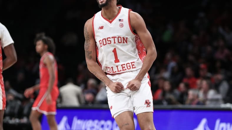 Dec 10, 2023; Brooklyn, New York, USA; Boston College Eagles guard Claudell Harris Jr. (1) celebrates after the St. John's Red Storm call a timeout in the second half at Barclays Center. Mandatory Credit: Wendell Cruz-USA TODAY Sports